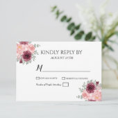 バーガンディ赤い緑のフローラの水の色結婚の 出欠カード (スタンド正面)