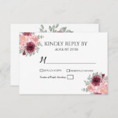 バーガンディ赤い緑のフローラの水の色結婚の 出欠カード (正面/裏面)