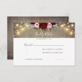 バーガンディ赤い花素朴の結婚式RSVP 出欠カード (正面/裏面)