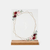 バーガンディ赤い花、ピンクの花、テーブル番号 アクリルサイン (正面)