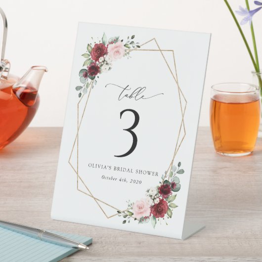 バーガンディ赤い花、ピンクの花、テーブル番号 台座サイン (インサイチュ)