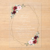 バーガンディ赤い花、ピンクの花、ブライダルシャワー アクリル招待状 (正面)