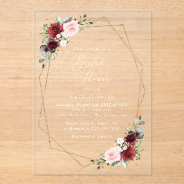 バーガンディ赤い花、ピンクの花、ブライダルシャワー アクリル招待状