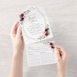 バーガンディ赤い花、ピンクの花、ブライダルシャワー オールインワン招待状