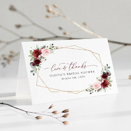 バーガンディ赤い花、ピンクの花、ブライダルシャワー サンキューカード