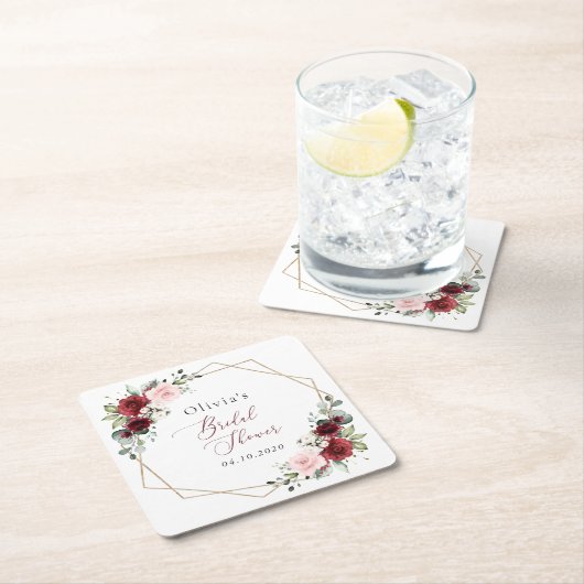 バーガンディ赤い花、ピンクの花、ブライダルシャワー スクエアペーパーコースター (インサイチュ)