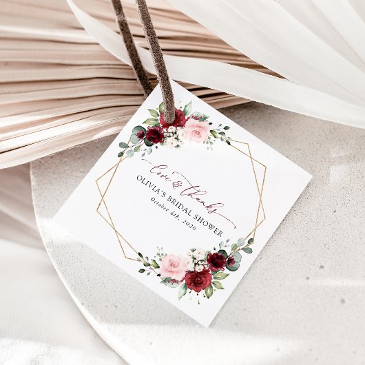 バーガンディ赤い花、ピンクの花、ブライダルシャワー フェイバータグ