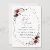 バーガンディ赤い花、ピンクの花、ブライダルシャワー 招待状 (正面)
