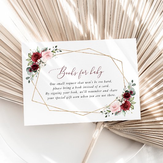 バーガンディ赤い花、ピンクの花、ベビー用の本 エンクロージャーカード