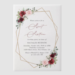 バーガンディ赤い花、ピンクの花、甘い16 ベラム紙招待状