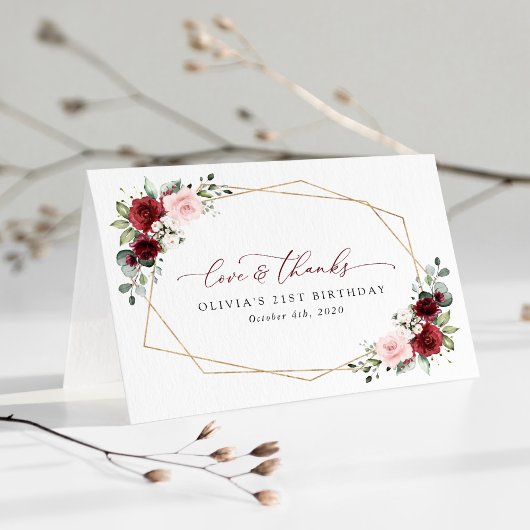バーガンディ赤い花、ピンクの花、誕生日 サンキューカード
