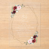 バーガンディ赤い花、ピンクの花、赤ちゃんシャワー アクリル招待状 (正面)