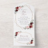 バーガンディ赤い花、ピンクの花、赤ちゃんシャワー オールインワン招待状 (内側)