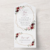 バーガンディ赤い花、ピンクの花、赤ちゃんシャワー オールインワン招待状 (内側)