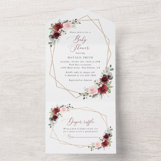 バーガンディ赤い花、ピンクの花、赤ちゃんシャワー オールインワン招待状 (内側)