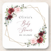 バーガンディ赤い花、ピンクの花、赤ちゃんシャワー コースター (正面)