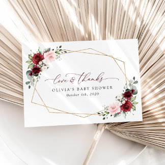 バーガンディ赤い花、ピンクの花、赤ちゃんシャワー サンキューカード