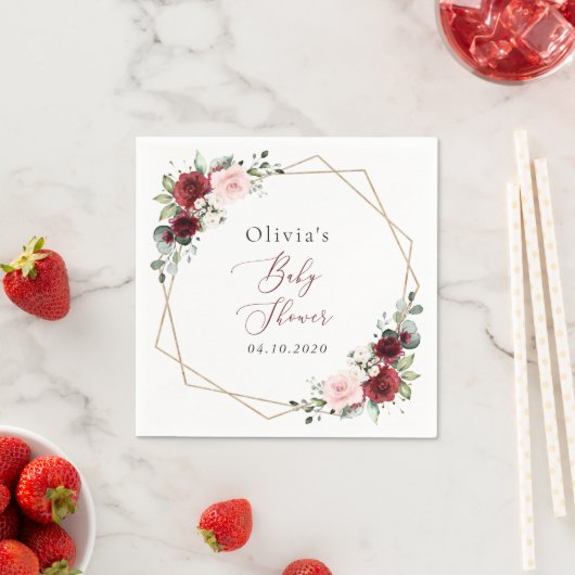 バーガンディ赤い花、ピンクの花、赤ちゃんシャワー スタンダードカクテルナプキン (インサイチュ)