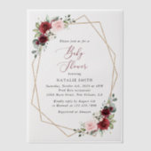 バーガンディ赤い花、ピンクの花、赤ちゃんシャワー ベラム紙招待状 (正面)