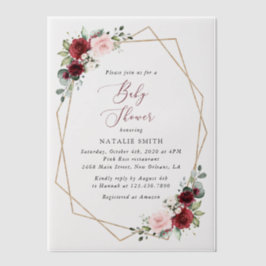 バーガンディ赤い花、ピンクの花、赤ちゃんシャワー ベラム紙招待状