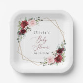 バーガンディ赤い花、ピンクの花、赤ちゃんシャワー ペーパープレート (正面)