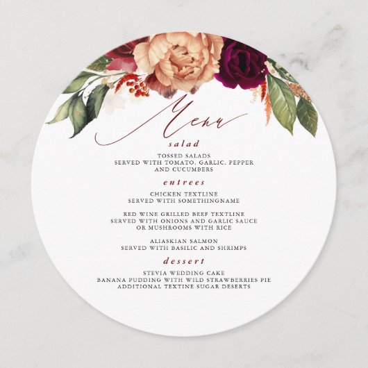 バーガンディ赤とオレンジ色の花秋の結婚式メニュー プログラム (正面)