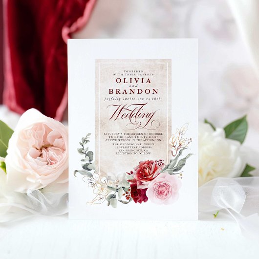 バーガンディ赤とピンクの花エレガントな結婚式 招待状