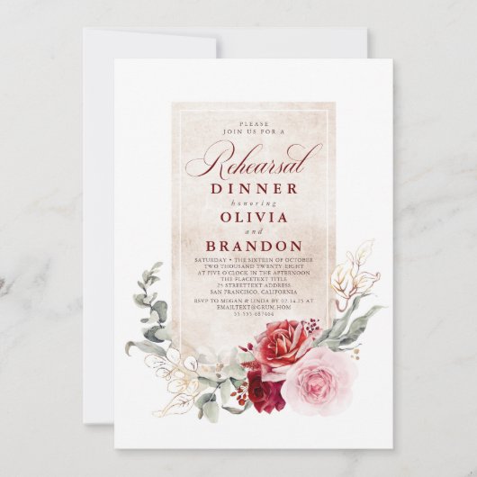 バーガンディ赤とピンクの花リハーサルディナー 招待状 (正面)