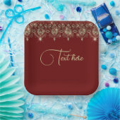 バーガンディ赤と金ゴールドレースの輝エレガントき ペーパープレート (パーティー)