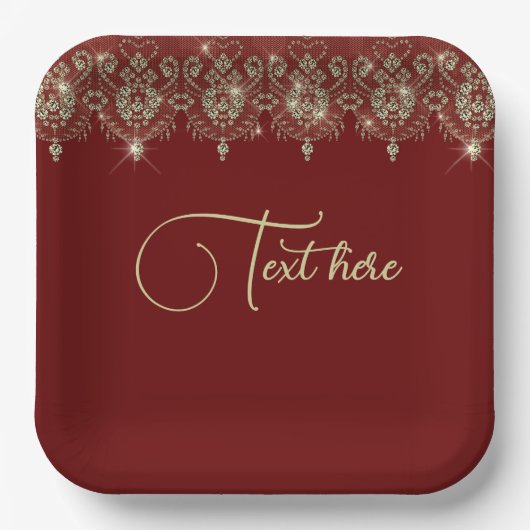 バーガンディ赤と金ゴールドレースの輝エレガントき ペーパープレート (正面)