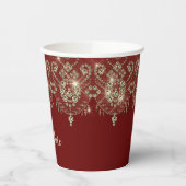 バーガンディ赤と金ゴールドレースの輝エレガントき 紙コップ (左)