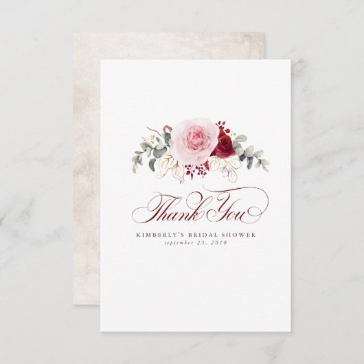 バーガンディ赤エレガント花少しお礼 サンキューカード (正面/裏面)