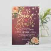 バーガンディ赤シックなフローラストリングライトベビーシャワー 招待状 (スタンド正面)