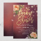 バーガンディ赤シックなフローラストリングライトベビーシャワー 招待状 (正面/裏面)