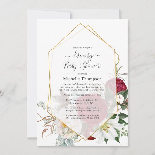 バーガンディ赤フローラジオメトリックドライブ（シャワー付） 招待状 (正面)