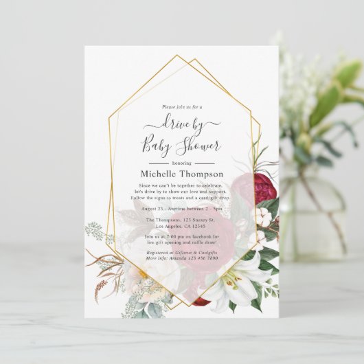 バーガンディ赤フローラジオメトリックドライブ（シャワー付） 招待状 (スタンド正面)