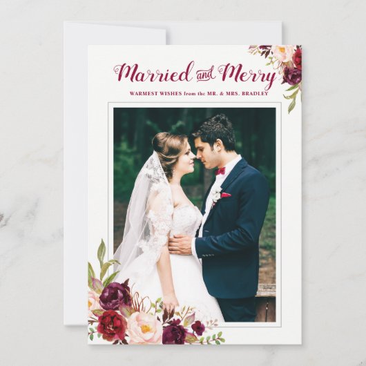 バーガンディ赤フローラ結婚したメリークリスマスフォト 招待状 (正面)