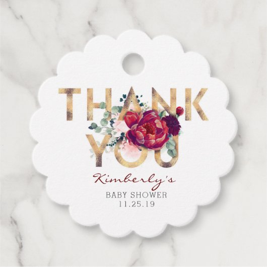 バーガンディ赤フローラ赤ちゃんシャワーありがとう フェイバータグ (正面)