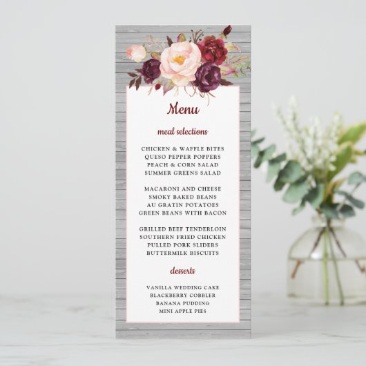 バーガンディ赤素朴フローラ縁どピンク結婚ズ メニュー (スタンド正面)