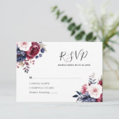 バーガンディ赤赤面ピンクフローラ水色結婚の 出欠カード (スタンド正面)