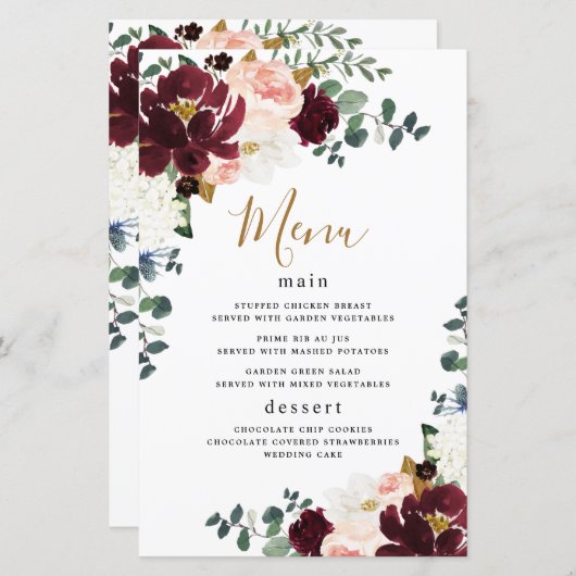 バーガンディ赤赤面ピンク結婚金ゴールドのメニューカード (正面/裏面)