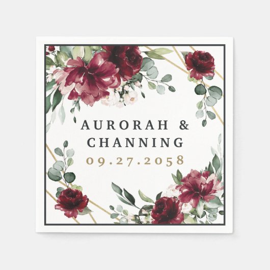 バーガンディ赤赤面金ゴールド幾何緑結婚の スタンダードカクテルナプキン (正面)