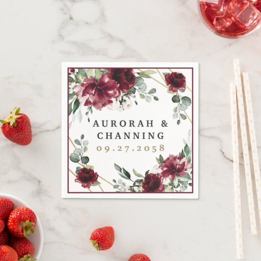 バーガンディ赤赤面金ゴールド幾何緑結婚の スタンダードカクテルナプキン (インサイチュ)