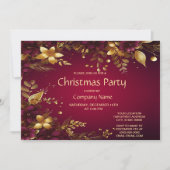 バーガンディ赤金ゴールド花クリスマスパーティー 招待状 (正面)