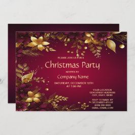 バーガンディ赤金ゴールド花クリスマスパーティー 招待状