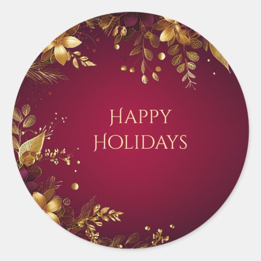 バーガンディ赤金ゴールド花ステッカー ラウンドシール (正面)