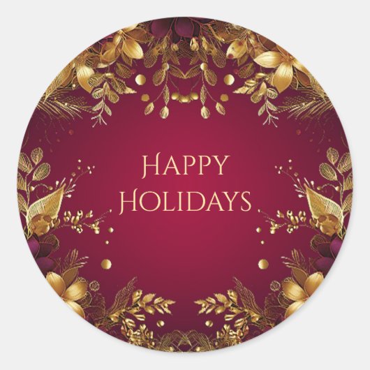 バーガンディ赤金ゴールド花ステッカー ラウンドシール (正面)