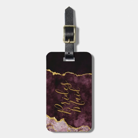 バーガンディ赤面ゴールドフォイルアゲートマーブルブライドメイド ラゲッジタグ (正面縦)