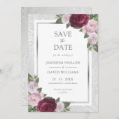 バーガンディ赤面シルバーウェディング日付カードを保存 セーブザデート (正面/裏面)