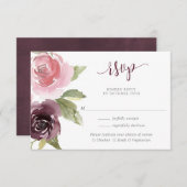 バーガンディ赤面ピンクフローラ水彩結婚式RSVP エンクロージャーカード (正面/裏面)